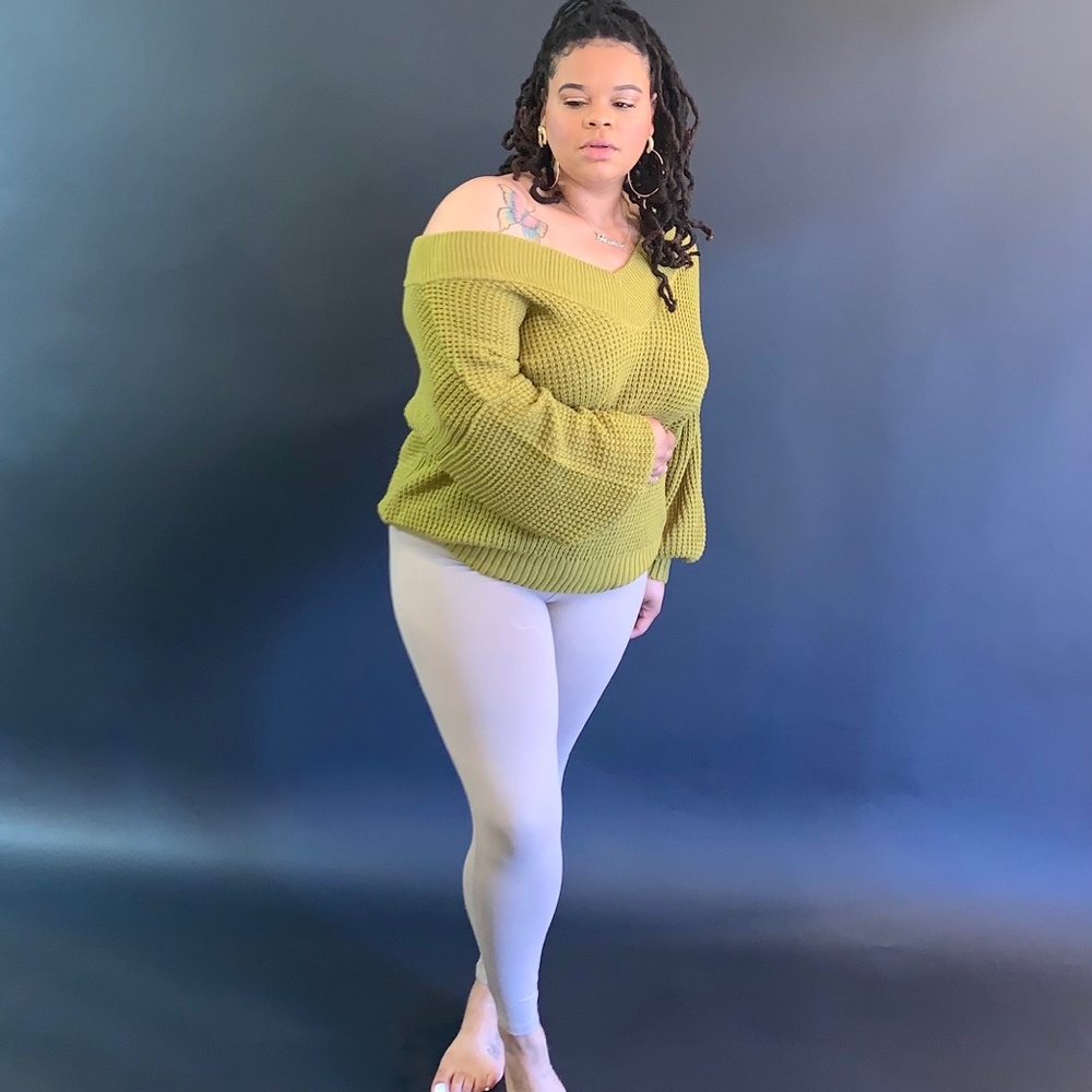 Shoulder Waffle Sweater( Olive Mustard)
